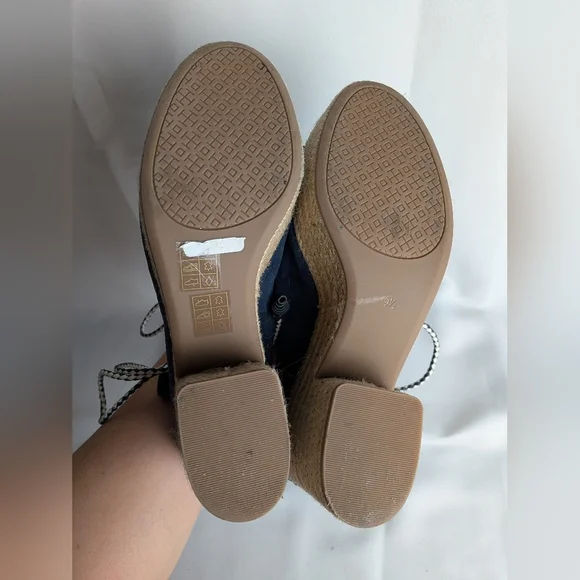 TORY BURCH Positano Suede Lace Up Platform Heel Women Sandals Size 9.5 Blue Beig - Picture 12 of 14